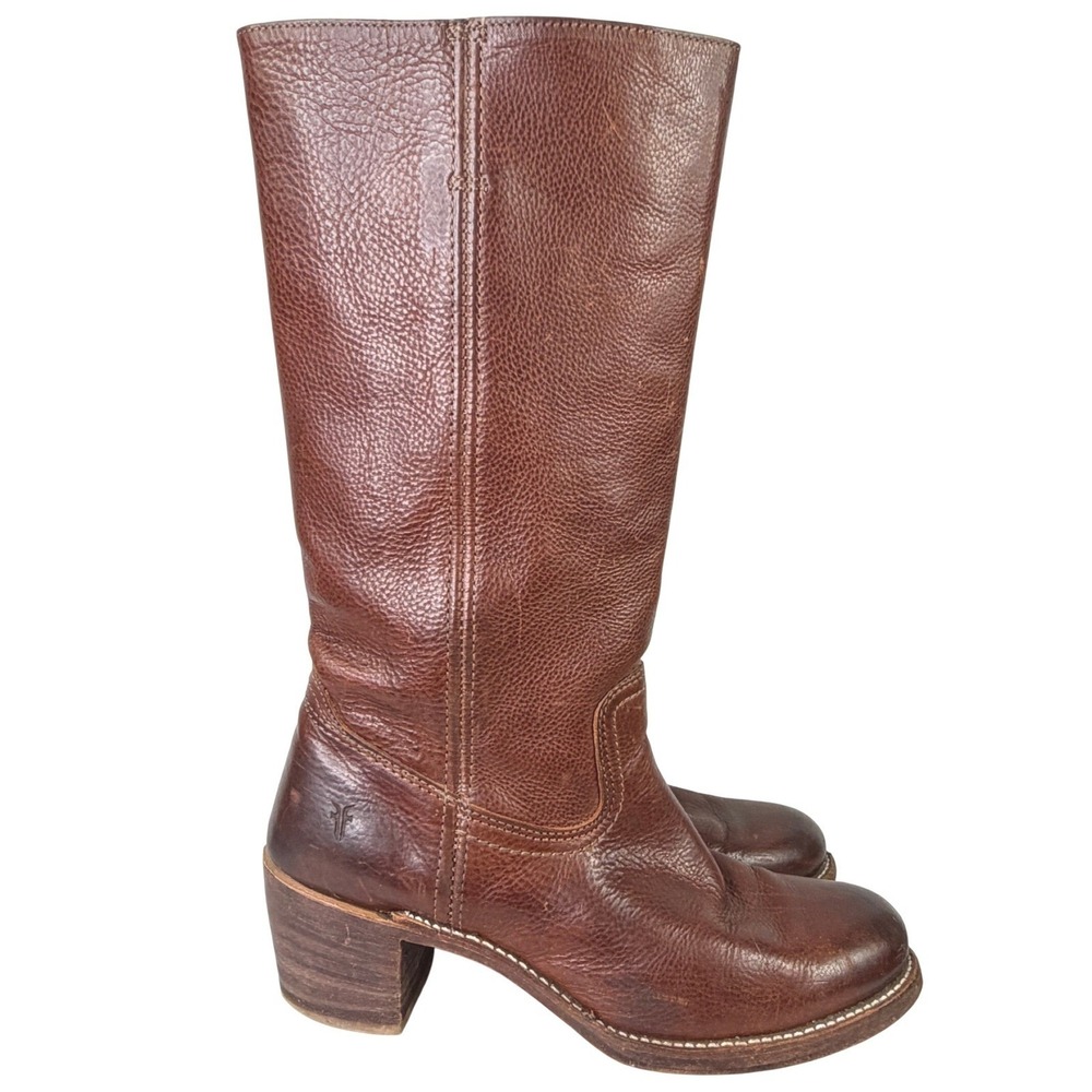 Vintage Frye Campus 14L Tall Boots Pebbled Leather Cognac Brown Women's 9.5M - Picture 3 of 15